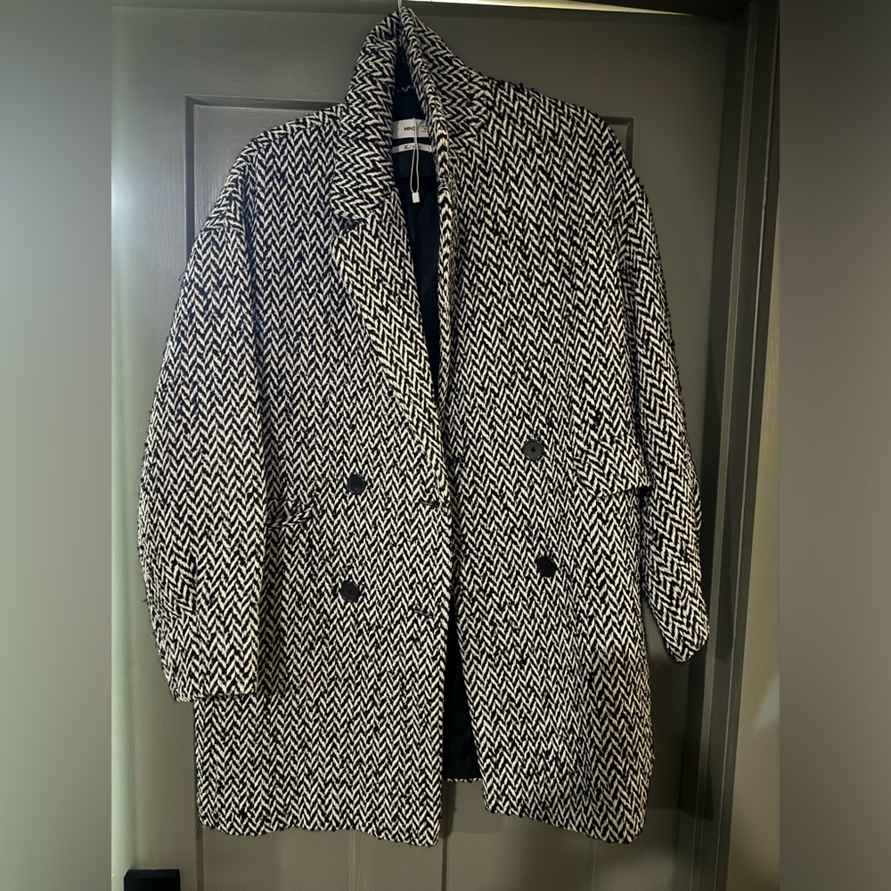 Mango Black and White Wool Blend Pea Coat